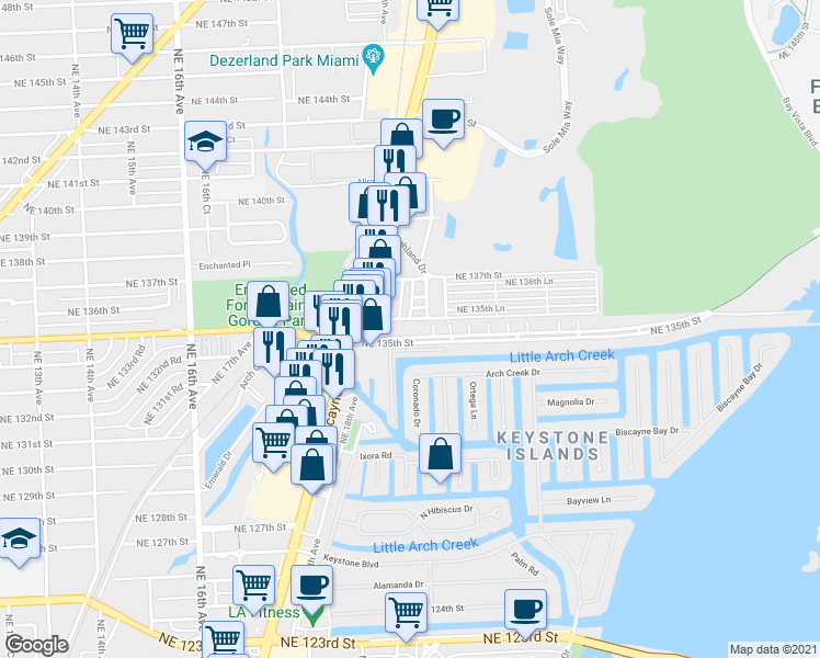 map of restaurants, bars, coffee shops, grocery stores, and more near 2030 Northeast 135th Terrace in North Miami Beach
