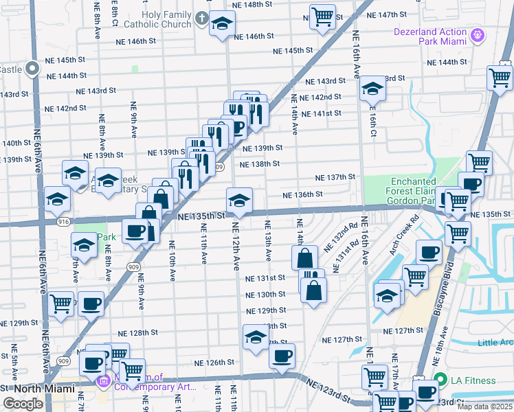 map of restaurants, bars, coffee shops, grocery stores, and more near 1255 Northeast 135th Street in North Miami