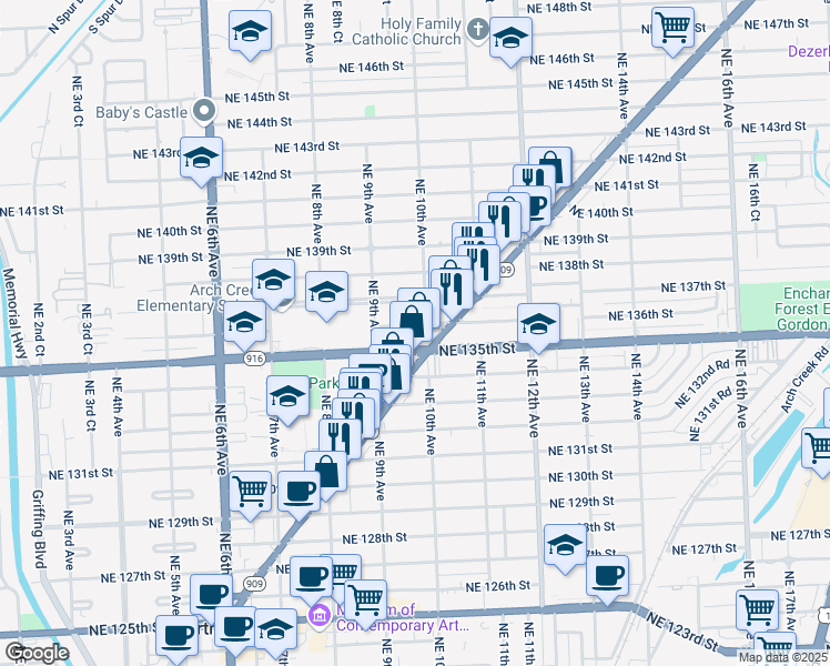 map of restaurants, bars, coffee shops, grocery stores, and more near in North Miami