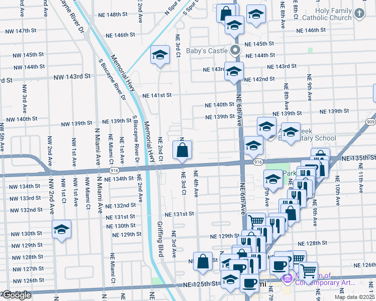 map of restaurants, bars, coffee shops, grocery stores, and more near 13605 Northeast 3rd Court in North Miami
