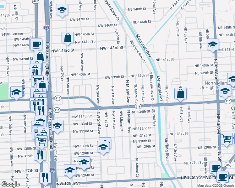 map of restaurants, bars, coffee shops, grocery stores, and more near 13641 Northwest 1st Avenue in Miami
