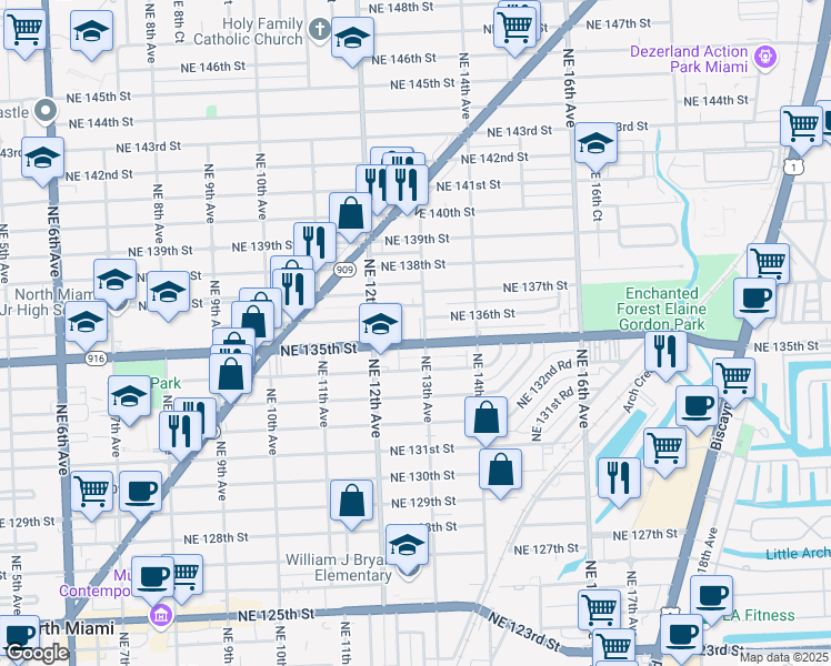 map of restaurants, bars, coffee shops, grocery stores, and more near 1255 Northeast 135th Street in North Miami