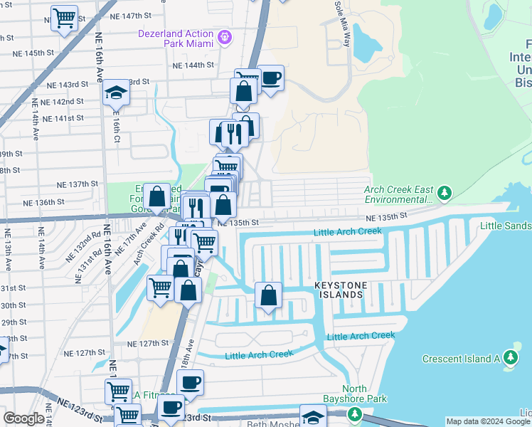 map of restaurants, bars, coffee shops, grocery stores, and more near 1981 Northeast 135th Street in North Miami