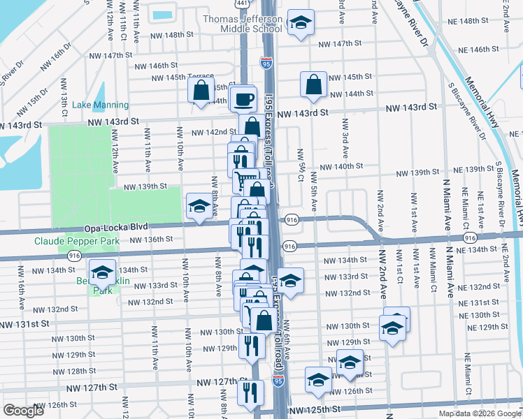 map of restaurants, bars, coffee shops, grocery stores, and more near 13729 Northwest 7th Avenue in North Miami