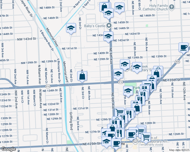 map of restaurants, bars, coffee shops, grocery stores, and more near 455 Northeast 136th Street in North Miami