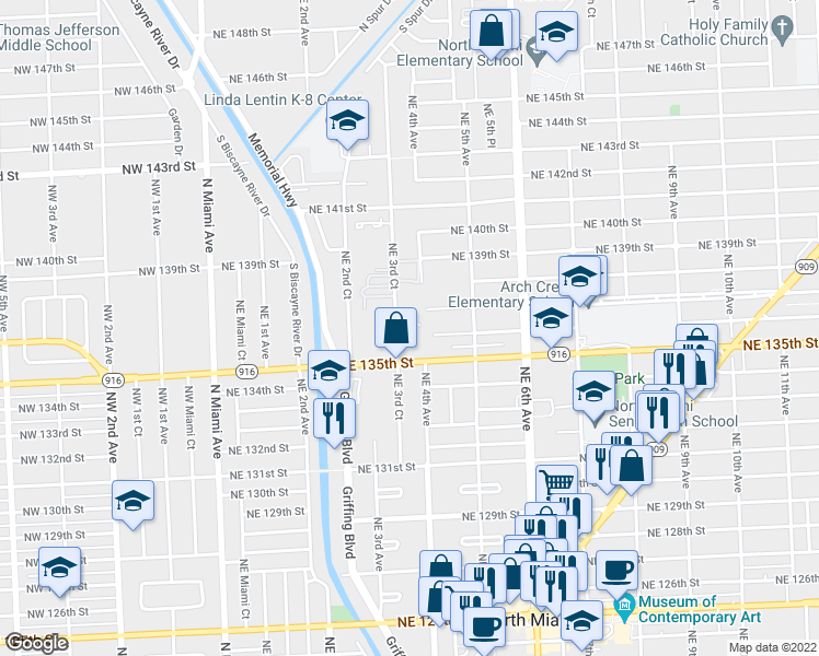 map of restaurants, bars, coffee shops, grocery stores, and more near 13605 Northeast 3rd Court in North Miami