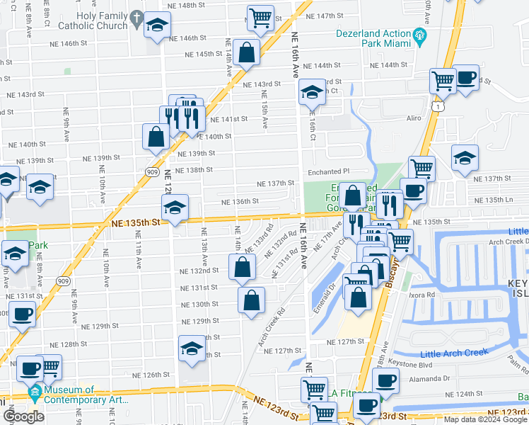 map of restaurants, bars, coffee shops, grocery stores, and more near 1475 Northeast 135th Street in North Miami