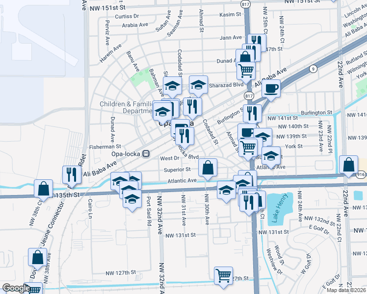 map of restaurants, bars, coffee shops, grocery stores, and more near 713 Opa-locka Boulevard in Opa-locka