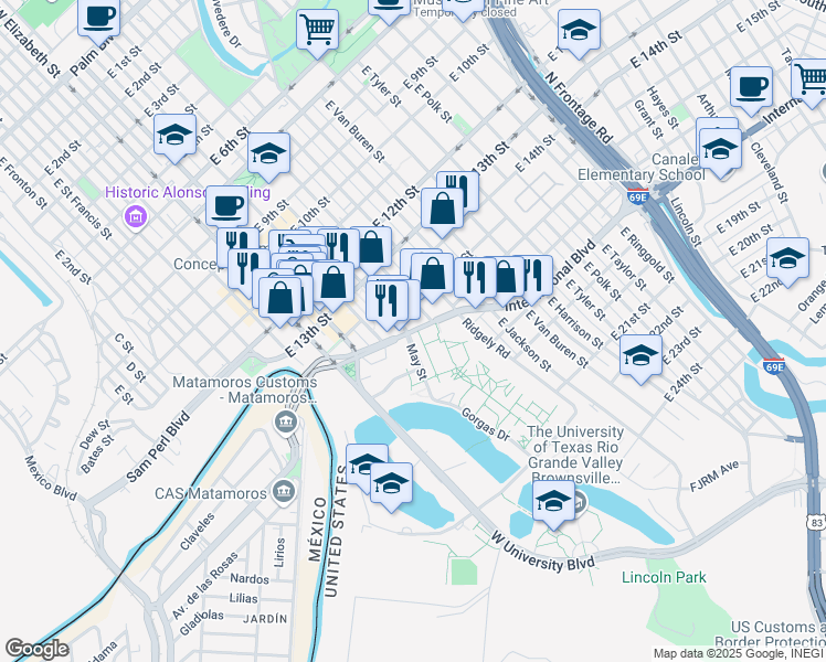 map of restaurants, bars, coffee shops, grocery stores, and more near Texas 4 in Brownsville