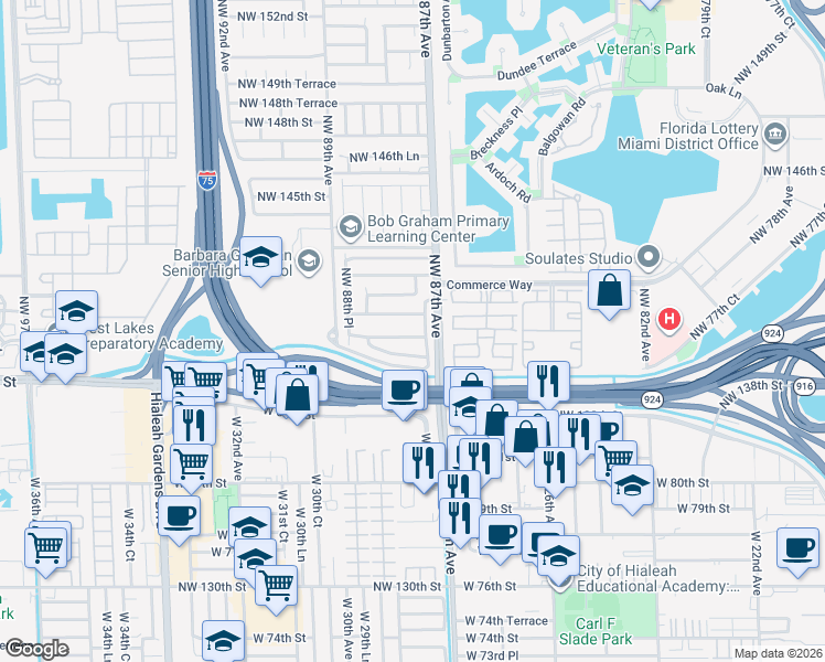 map of restaurants, bars, coffee shops, grocery stores, and more near 8747 Northwest 139th Terrace in Hialeah