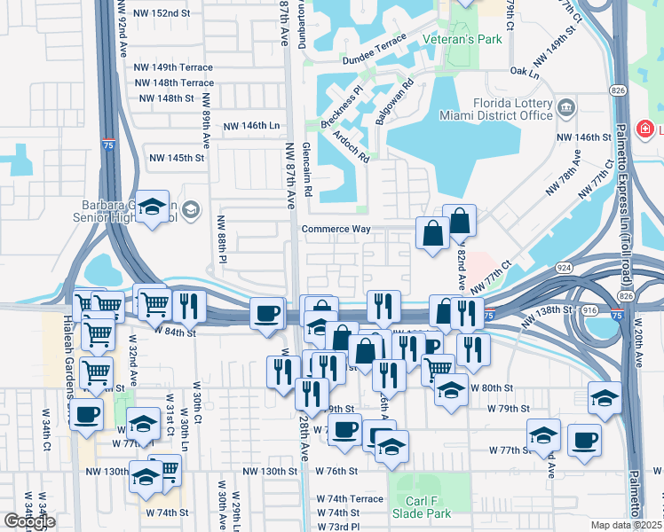 map of restaurants, bars, coffee shops, grocery stores, and more near 8450 Northwest 138th Terrace in Miami Lakes