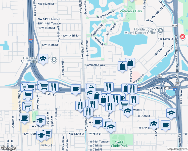 map of restaurants, bars, coffee shops, grocery stores, and more near 8421 Northwest 138th Street in Miami Lakes