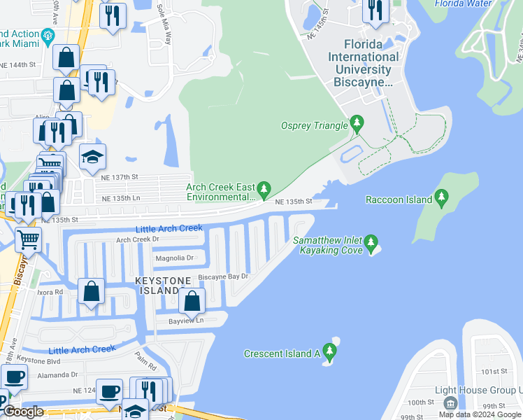 map of restaurants, bars, coffee shops, grocery stores, and more near 2600 Northeast 135th Street in North Miami