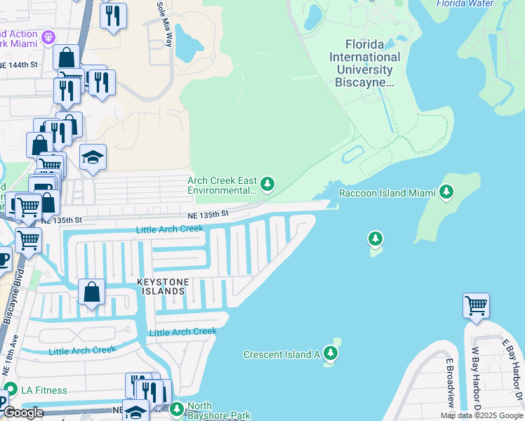 map of restaurants, bars, coffee shops, grocery stores, and more near 2600 Northeast 135th Street in North Miami