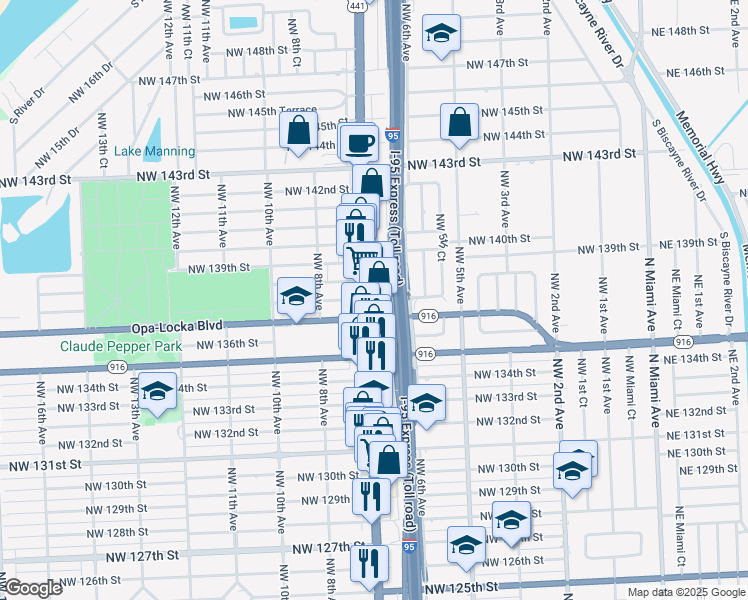 map of restaurants, bars, coffee shops, grocery stores, and more near 13729 Northwest 7th Avenue in North Miami