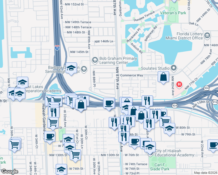 map of restaurants, bars, coffee shops, grocery stores, and more near 8747 Northwest 139th Terrace in Hialeah