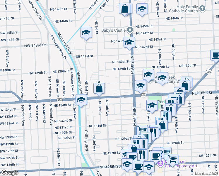 map of restaurants, bars, coffee shops, grocery stores, and more near 455 Northeast 136th Street in North Miami
