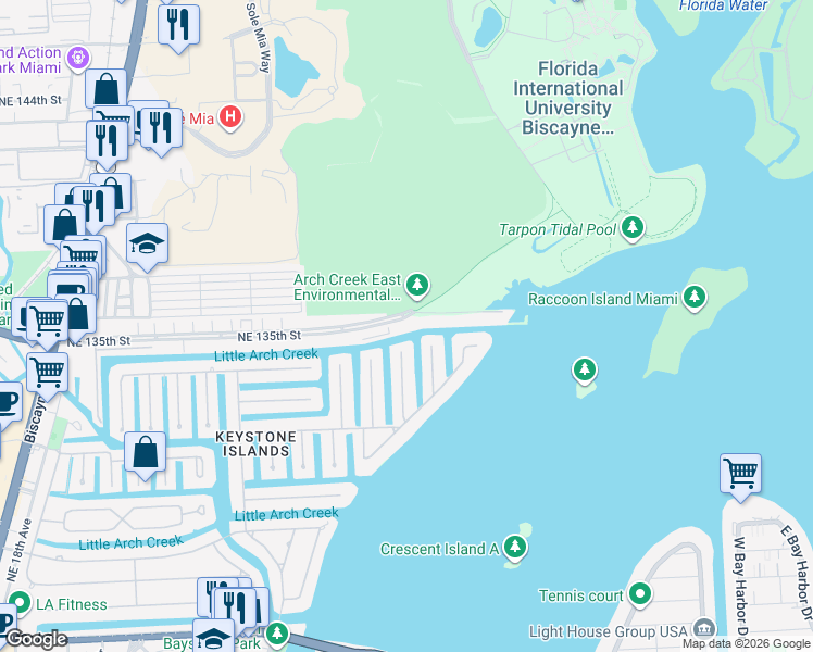 map of restaurants, bars, coffee shops, grocery stores, and more near 2600 Northeast 135th Street in North Miami