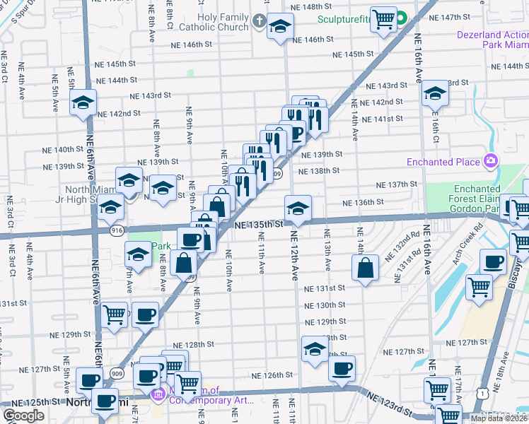 map of restaurants, bars, coffee shops, grocery stores, and more near 1110 Northeast 136th Street in North Miami