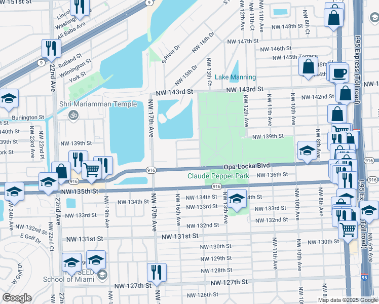 map of restaurants, bars, coffee shops, grocery stores, and more near 1440 Northwest 138th Street in Miami