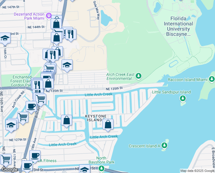 map of restaurants, bars, coffee shops, grocery stores, and more near 2426 Northeast 135th Street in North Miami