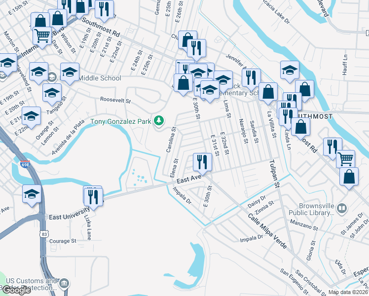 map of restaurants, bars, coffee shops, grocery stores, and more near 2834 Tampico Street in Brownsville