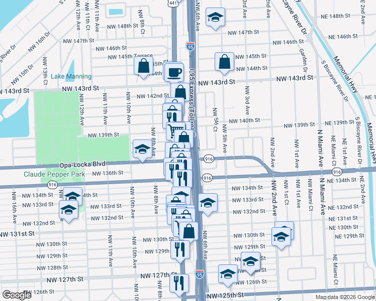 map of restaurants, bars, coffee shops, grocery stores, and more near 13729 Northwest 7th Avenue in North Miami