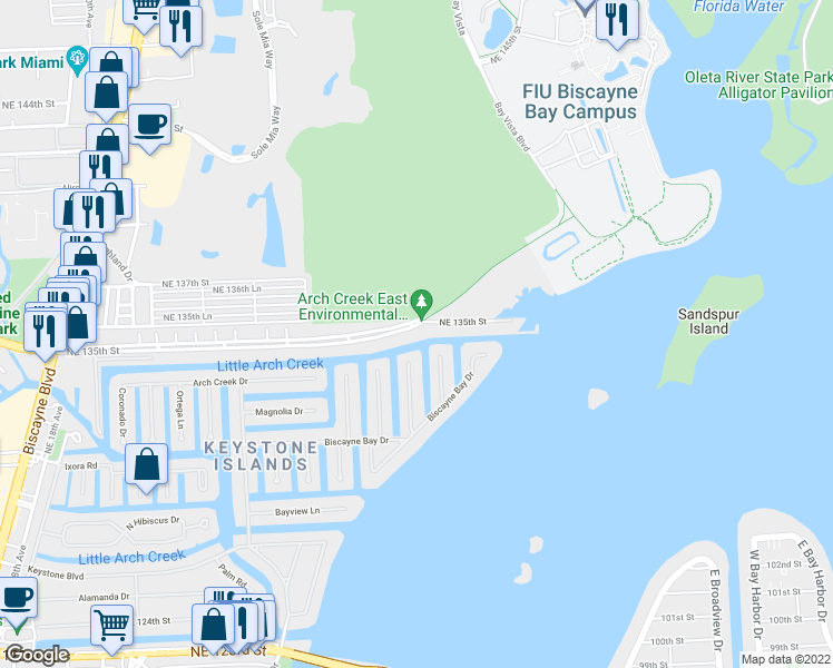 map of restaurants, bars, coffee shops, grocery stores, and more near 2600 Northeast 135th Street in North Miami
