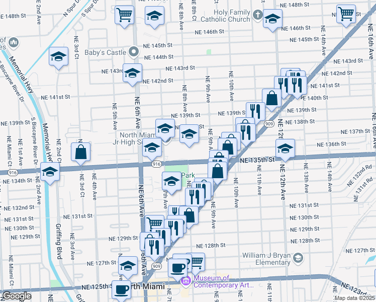 map of restaurants, bars, coffee shops, grocery stores, and more near 700 NE 137th St in North Miami