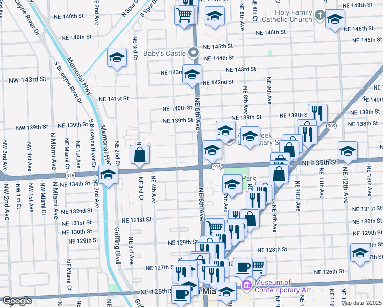 map of restaurants, bars, coffee shops, grocery stores, and more near in North Miami