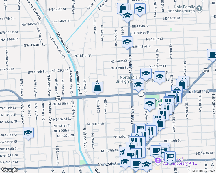 map of restaurants, bars, coffee shops, grocery stores, and more near 455 Northeast 136th Street in North Miami
