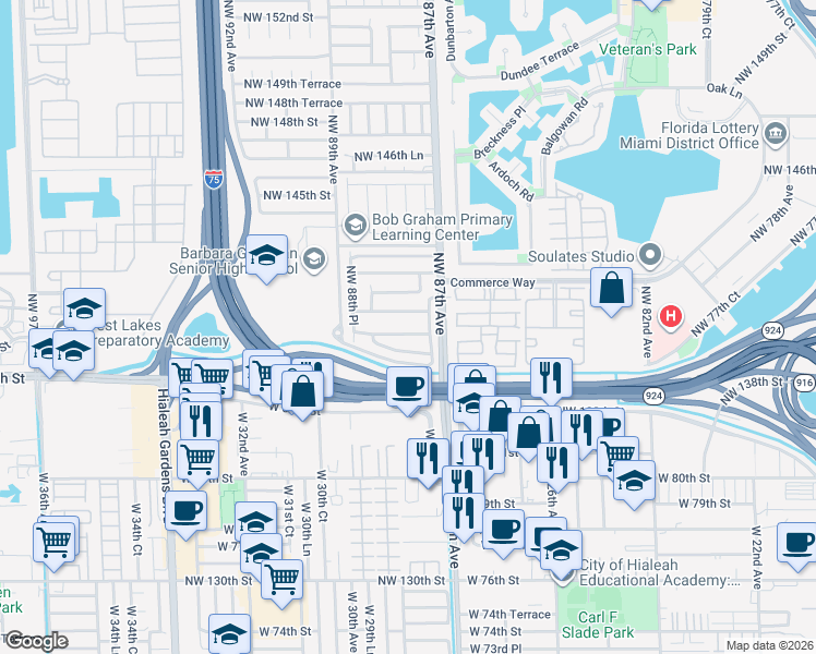 map of restaurants, bars, coffee shops, grocery stores, and more near 8747 Northwest 139th Terrace in Hialeah
