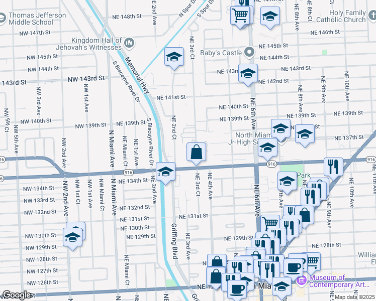 map of restaurants, bars, coffee shops, grocery stores, and more near 13650 Northeast 3rd Court in North Miami