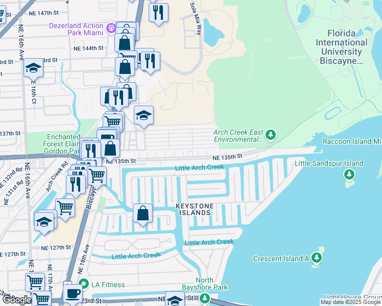 map of restaurants, bars, coffee shops, grocery stores, and more near 2345 Northeast 135th Street in North Miami