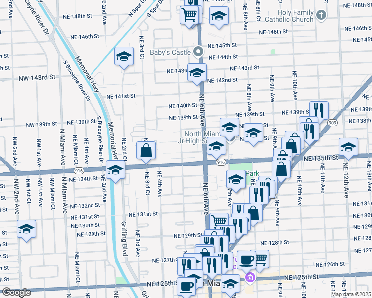 map of restaurants, bars, coffee shops, grocery stores, and more near 515 Northeast 136th Street in North Miami