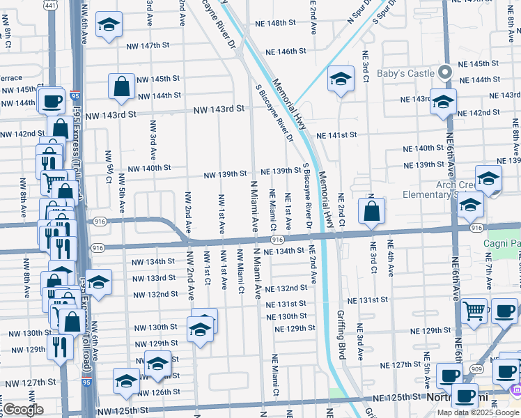 map of restaurants, bars, coffee shops, grocery stores, and more near 13639 North Miami Avenue in Miami