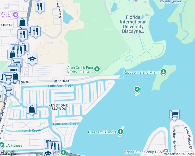 map of restaurants, bars, coffee shops, grocery stores, and more near 2620 Northeast 135th Street in North Miami