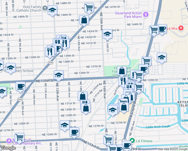 map of restaurants, bars, coffee shops, grocery stores, and more near 1475 Northeast 135th Street in North Miami