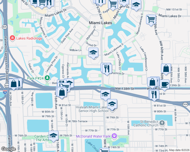 map of restaurants, bars, coffee shops, grocery stores, and more near 6759 Crooked Palm Terrace in Miami Lakes