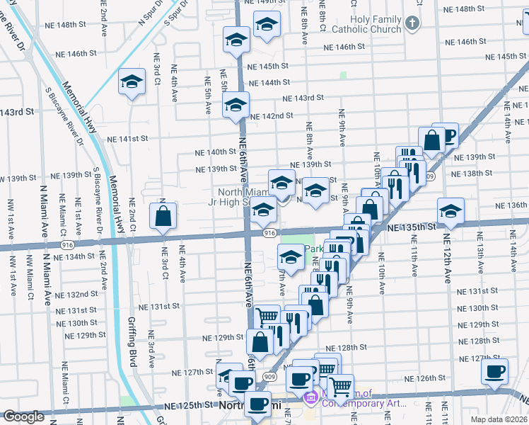 map of restaurants, bars, coffee shops, grocery stores, and more near 645 Northeast 136th Street in North Miami