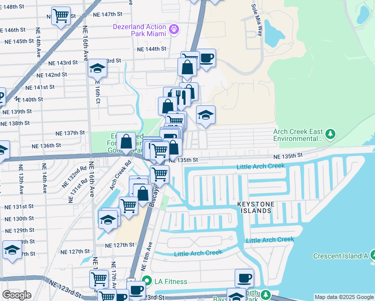 map of restaurants, bars, coffee shops, grocery stores, and more near 2030 Northeast 135th Terrace in North Miami Beach