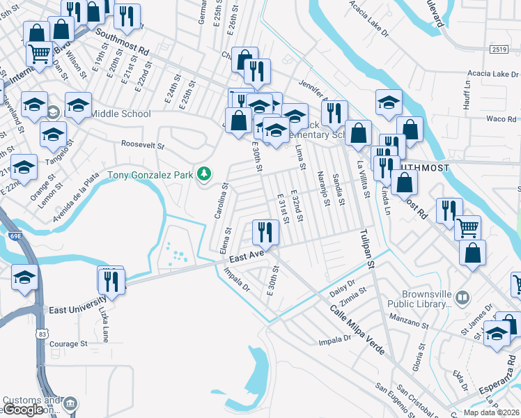 map of restaurants, bars, coffee shops, grocery stores, and more near 2944 Tampico Street in Brownsville