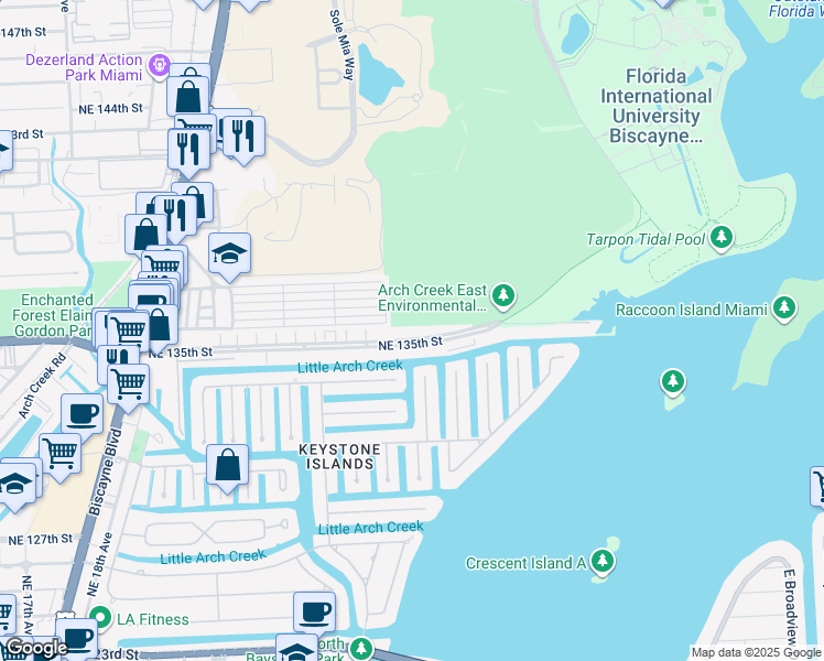 map of restaurants, bars, coffee shops, grocery stores, and more near 2485 Northeast 135th Street in North Miami