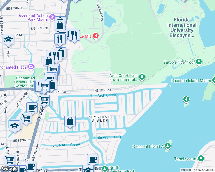 map of restaurants, bars, coffee shops, grocery stores, and more near 2426 Northeast 135th Street in North Miami