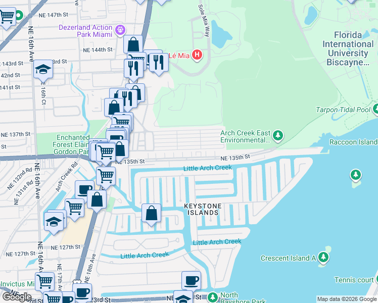 map of restaurants, bars, coffee shops, grocery stores, and more near 13505 Northeast 23rd Court in North Miami