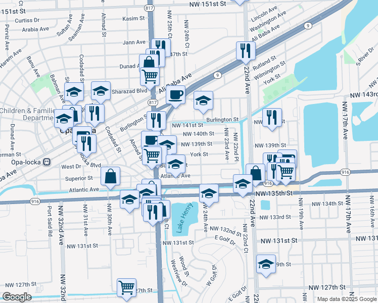 map of restaurants, bars, coffee shops, grocery stores, and more near 2545A York Street in Opa-locka