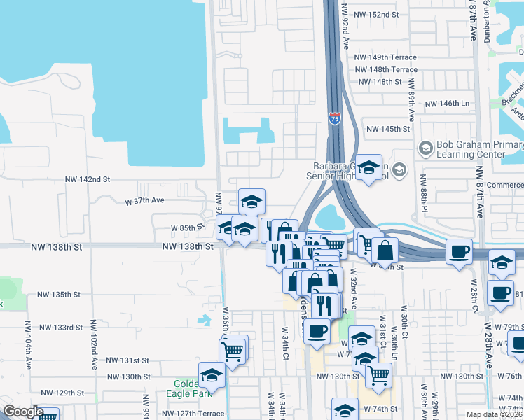 map of restaurants, bars, coffee shops, grocery stores, and more near 3476 West 86th Terrace in Hialeah