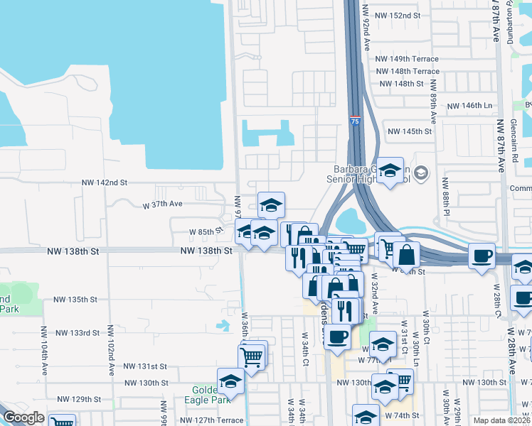 map of restaurants, bars, coffee shops, grocery stores, and more near 3534 West 86th Terrace in Hialeah