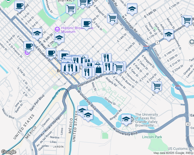 map of restaurants, bars, coffee shops, grocery stores, and more near 890 International Boulevard in Brownsville