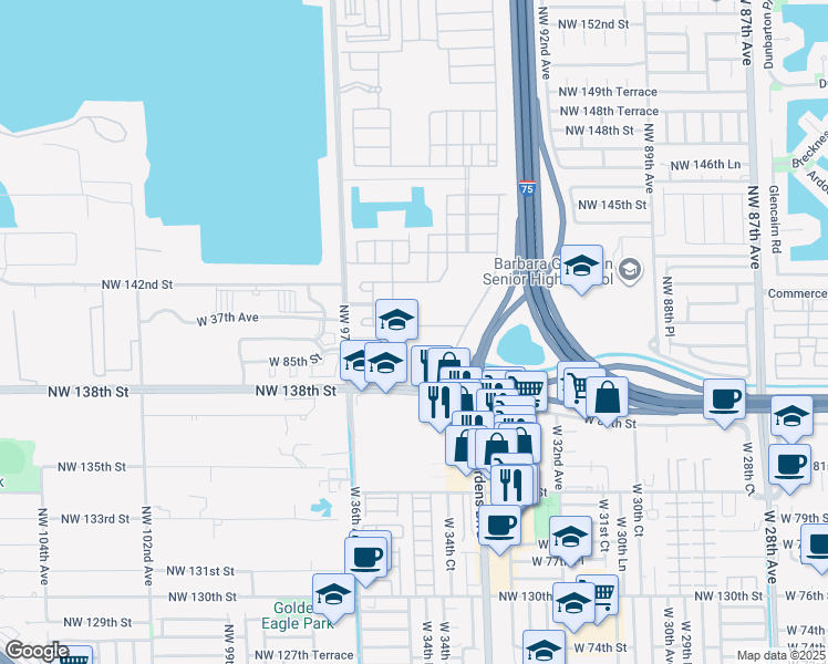 map of restaurants, bars, coffee shops, grocery stores, and more near 3476 West 86th Terrace in Hialeah